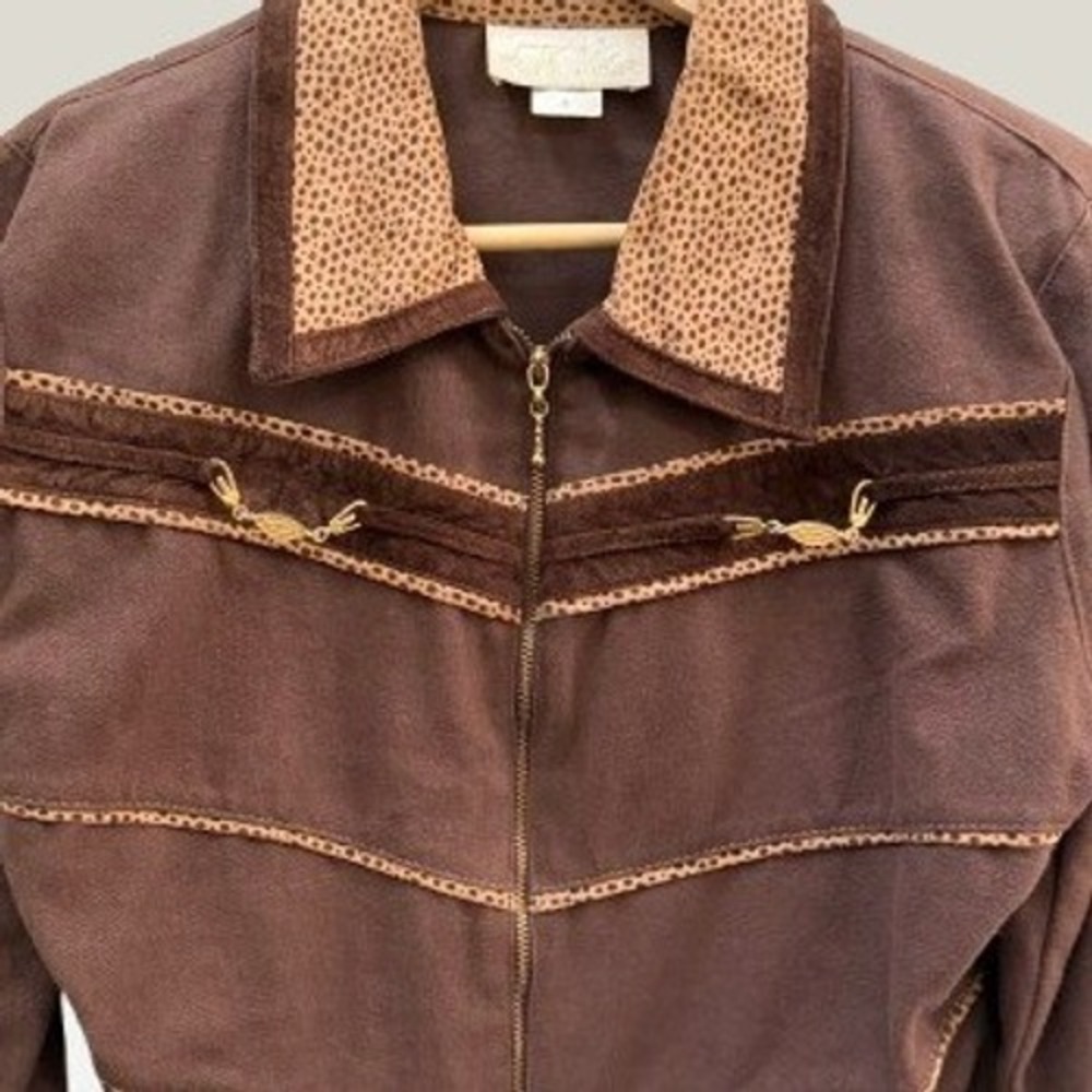 Vintage Cache Brown Western Zip Up Jacket Animal Print Trim Gold Detail Small